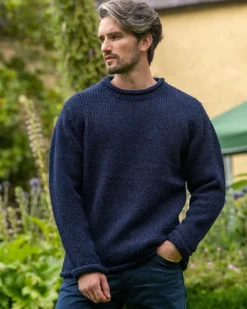 Mens Knitwear*Sweater Shop 100% Donegal Roll Neck Sweater Dark Blue