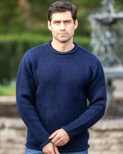 Mens Knitwear*Sweater Shop 100% Donegal Roll Neck Sweater Dark Blue