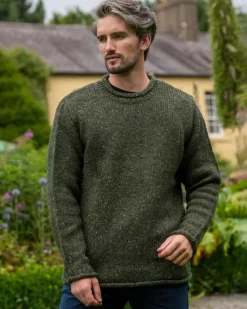 Mens Fisherman Sweaters|Mens Knitwear*Sweater Shop 100% Donegal Wool Roll Neck Sweater Olive Green