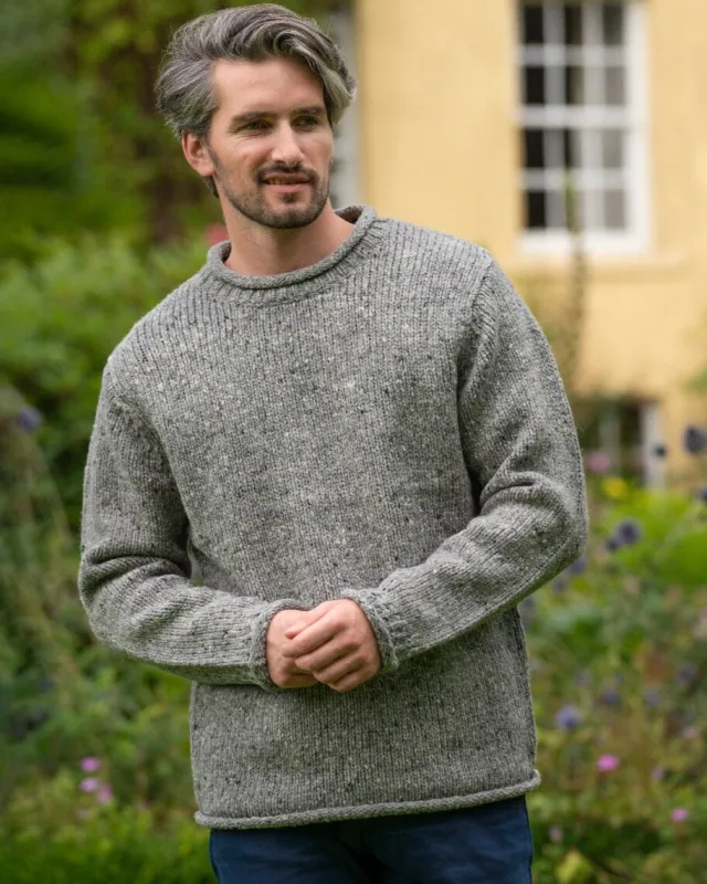 Mens Fisherman Sweaters*Sweater Shop 100% Donegal Wool Roll Neck Sweater Grey