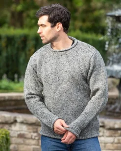 Mens Fisherman Sweaters*Sweater Shop 100% Donegal Wool Roll Neck Sweater Grey
