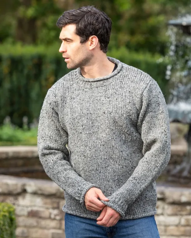Mens Fisherman Sweaters*Sweater Shop 100% Donegal Wool Roll Neck Sweater Grey