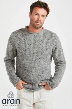 Mens Fisherman Sweaters*Sweater Shop 100% Donegal Wool Roll Neck Sweater Grey