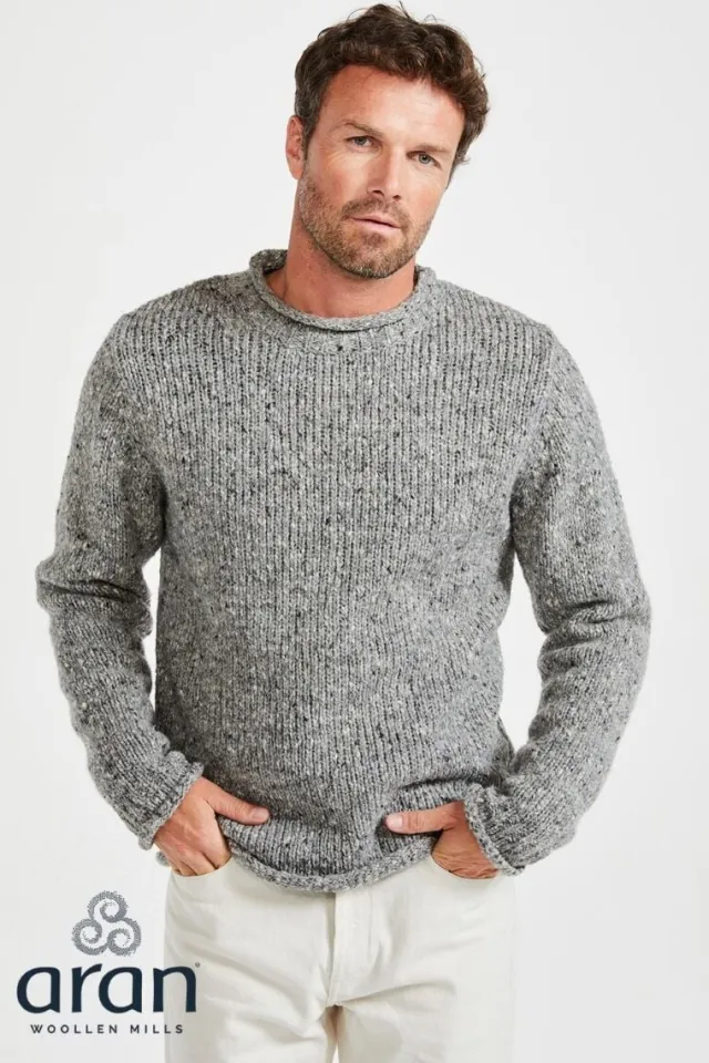 Mens Fisherman Sweaters*Sweater Shop 100% Donegal Wool Roll Neck Sweater Grey