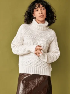 Designer Knitwear*Sweater Shop 100% Fine Merino Wool Cable Knit Polo Neck