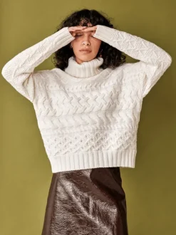 Designer Knitwear*Sweater Shop 100% Fine Merino Wool Cable Knit Polo Neck