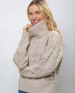 Designer Knitwear*Sweater Shop 100% Fine Merino Wool Cable Polo Neck Beige