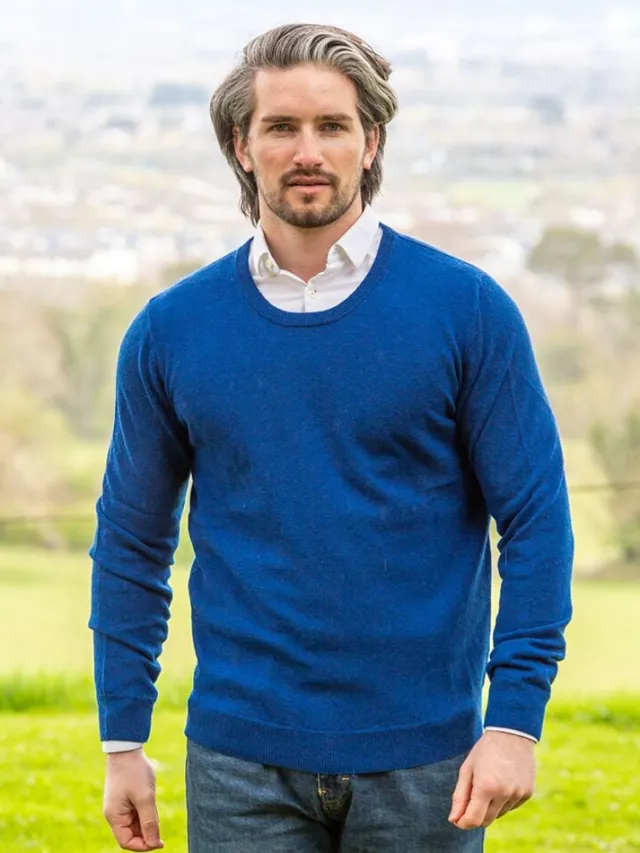 Mens Fisherman Sweaters|Mens Knitwear*Sweater Shop 100% Lambswool Lightweight Crew Neck Ensign Blue