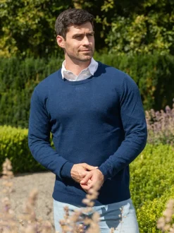 Mens Fisherman Sweaters|Mens Knitwear*Sweater Shop 100% Lambswool Lightweight Crew Neck Rich Navy