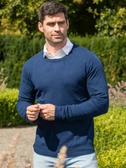 Mens Fisherman Sweaters|Mens Knitwear*Sweater Shop 100% Lambswool Lightweight Crew Neck Rich Navy