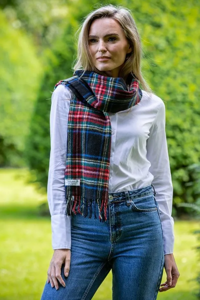 Ladies Lambswool Scarves*Sweater Shop 100% Lambswool Tartan Scarf Black Stewart