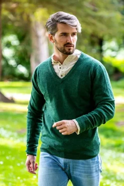 Mens Knitwear*Sweater Shop 100% Lambswool V Neck Green Melange