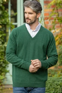 Mens Knitwear*Sweater Shop 100% Lambswool V Neck Green Melange