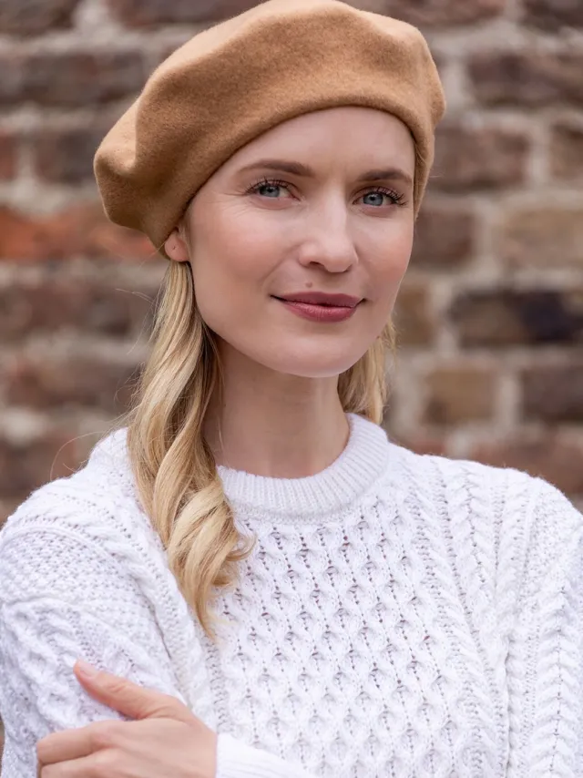 Aran Wool Hats|Ladies Hats*Sweater Shop 100% Merino Wool Beret Camel