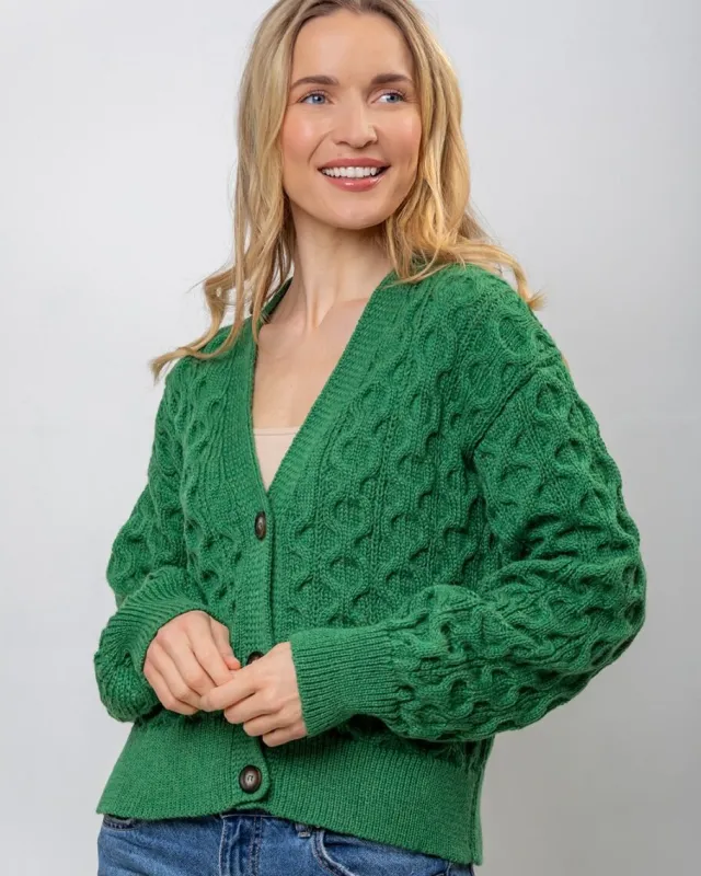 Womens Irish Knitwear|Ladies Cardigans*Sweater Shop 100% Merino Wool Cropped Aran Cardigan - Kiwi