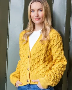 Womens Irish Knitwear|Ladies Cardigans*Sweater Shop 100% Merino Wool Cropped Aran Cardigan - Yellow