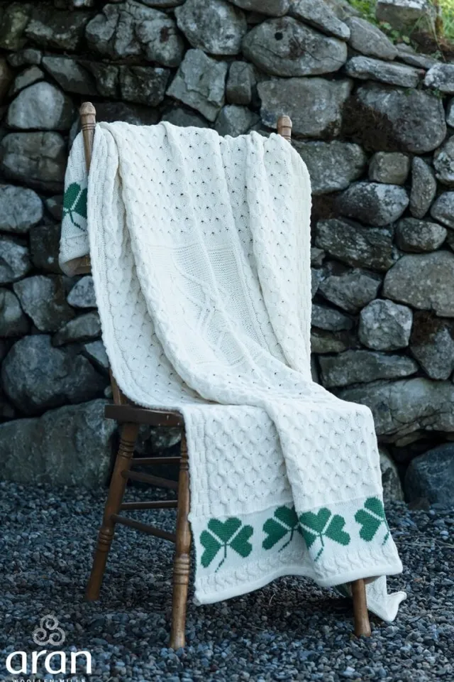 Aran Wool Throws*Sweater Shop 100% Merino Wool Shamrock Throw