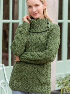Womens Irish Knitwear|Womens Aran Fisherman Sweaters*Sweater Shop 100% Super Soft Merino Wool Cowl Neck with Buttons Green