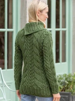 Womens Irish Knitwear|Womens Aran Fisherman Sweaters*Sweater Shop 100% Super Soft Merino Wool Cowl Neck with Buttons Green