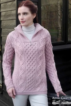 Womens Irish Knitwear|Womens Aran Fisherman Sweaters*Sweater Shop 100% Super Soft Merino Wool half Zip Pink