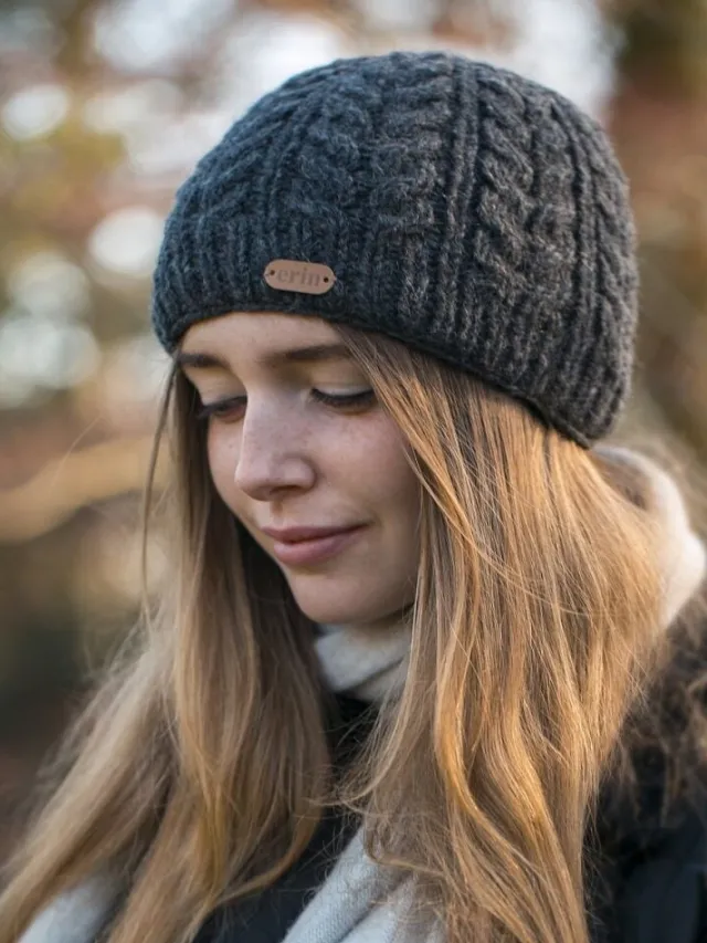 Aran Wool Hats*Sweater Shop 100% Wool Fully Lined Aran Pull on Hat Charcoal