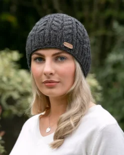 Aran Wool Hats*Sweater Shop 100% Wool Fully Lined Aran Pull on Hat Charcoal