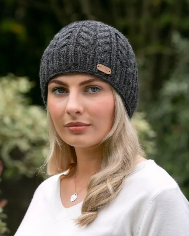 Aran Wool Hats*Sweater Shop 100% Wool Fully Lined Aran Pull on Hat Charcoal