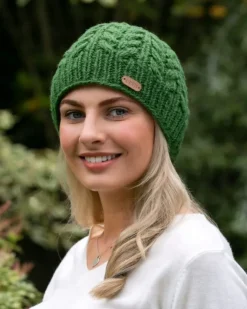 Aran Wool Hats*Sweater Shop 100% Wool Fully Lined Aran Pull on Hat Green