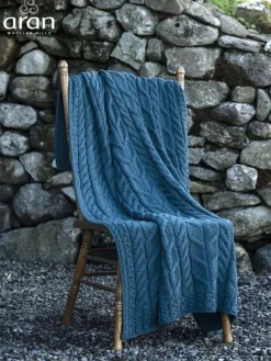 Aran Wool Throws*Sweater Shop Aran Cable Knit Blanket Super Soft Merino Ocean Blue