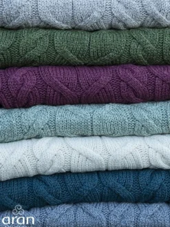Aran Wool Throws*Sweater Shop Aran Cable Knit Blanket Super Soft Merino Ocean Blue