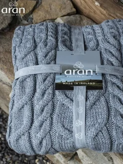 Aran Wool Throws*Sweater Shop Aran Cable Knit Blanket Super Soft Merino Grey/Blue