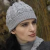 Aran Wool Hats*Sweater Shop Aran Cable Knit Hat Pom Pom Silver