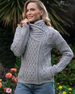 Womens Irish Knitwear*Sweater Shop Aran Cable Knit Side Zip Silver Grey