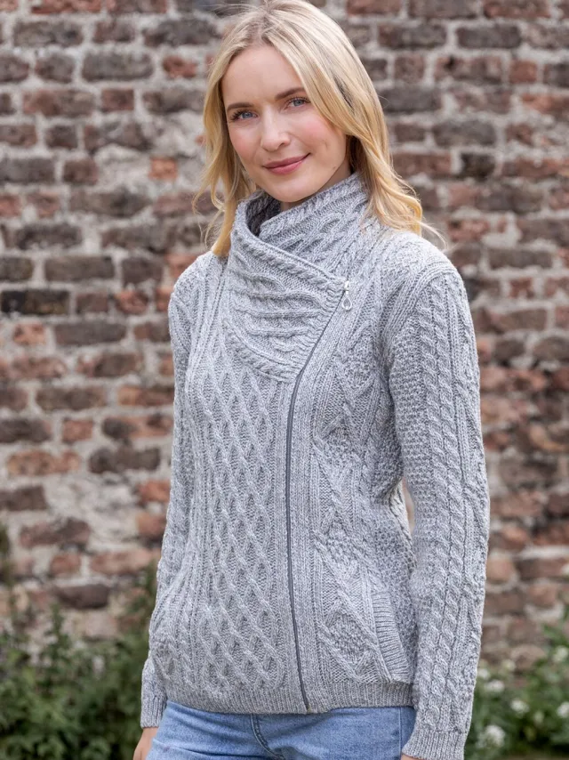 Womens Irish Knitwear*Sweater Shop Aran Cable Knit Side Zip Silver Grey
