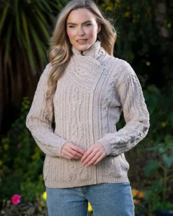 Womens Irish Knitwear*Sweater Shop Aran Cable Knit Side Zip Parsnip