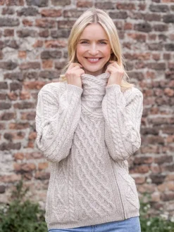 Womens Irish Knitwear*Sweater Shop Aran Cable Knit Side Zip Parsnip