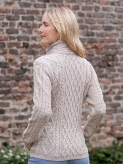 Womens Irish Knitwear*Sweater Shop Aran Cable Knit Side Zip Parsnip