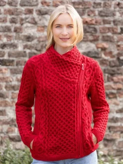 Womens Irish Knitwear|Ladies Cardigans*Sweater Shop Aran Cable Knit Side Zip - Raspberry