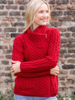 Womens Irish Knitwear|Ladies Cardigans*Sweater Shop Aran Cable Knit Side Zip - Raspberry