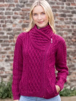 Womens Irish Knitwear|Ladies Cardigans*Sweater Shop Aran Cable Knit Side Zip - Raspberry