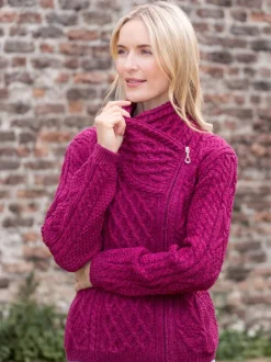 Womens Irish Knitwear|Ladies Cardigans*Sweater Shop Aran Cable Knit Side Zip - Raspberry