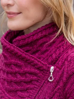 Womens Irish Knitwear|Ladies Cardigans*Sweater Shop Aran Cable Knit Side Zip - Raspberry