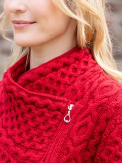 Womens Irish Knitwear|Ladies Cardigans*Sweater Shop Aran Cable Knit Side Zip - Raspberry