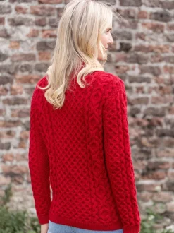 Womens Irish Knitwear|Ladies Cardigans*Sweater Shop Aran Cable Knit Side Zip - Raspberry