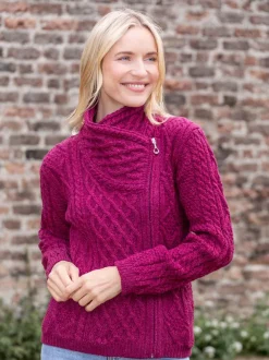 Womens Irish Knitwear|Ladies Cardigans*Sweater Shop Aran Cable Knit Side Zip - Raspberry
