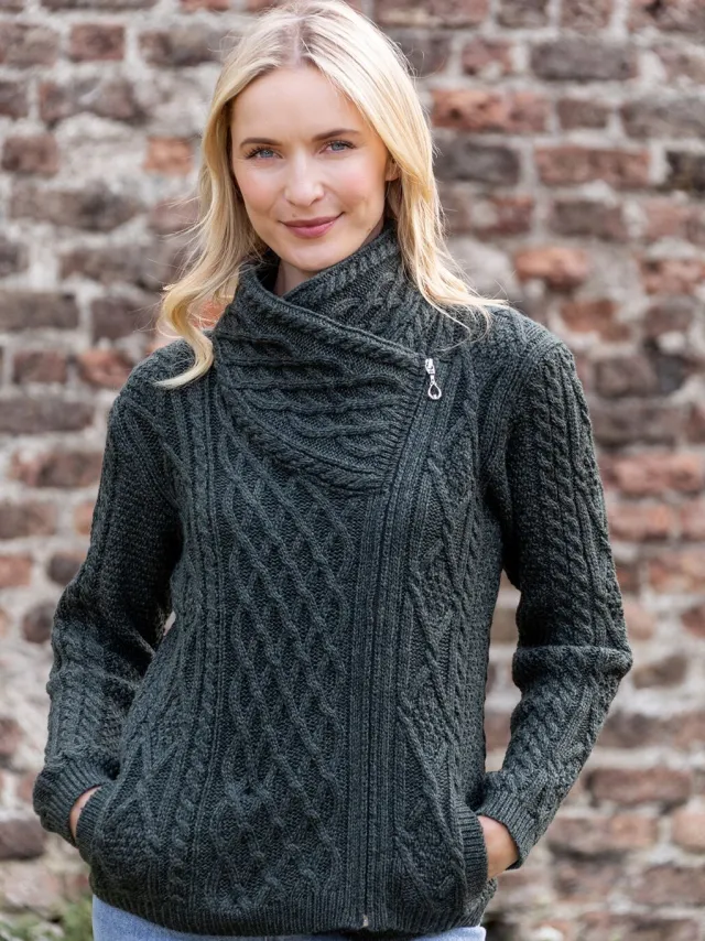 Womens Irish Knitwear|Ladies Cardigans*Sweater Shop Aran Cable Knit Side Zip Army Green