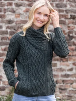 Womens Irish Knitwear|Ladies Cardigans*Sweater Shop Aran Cable Knit Side Zip Army Green