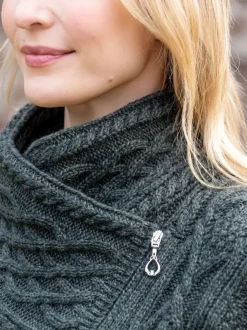 Womens Irish Knitwear|Ladies Cardigans*Sweater Shop Aran Cable Knit Side Zip Army Green