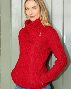 Womens Irish Knitwear|Ladies Cardigans*Sweater Shop Aran Cable Knit Size Zip - Red