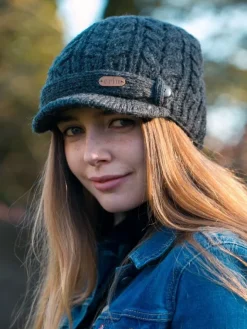 Aran Wool Hats*Sweater Shop Aran Cable Peak Hat Lined Charcoal